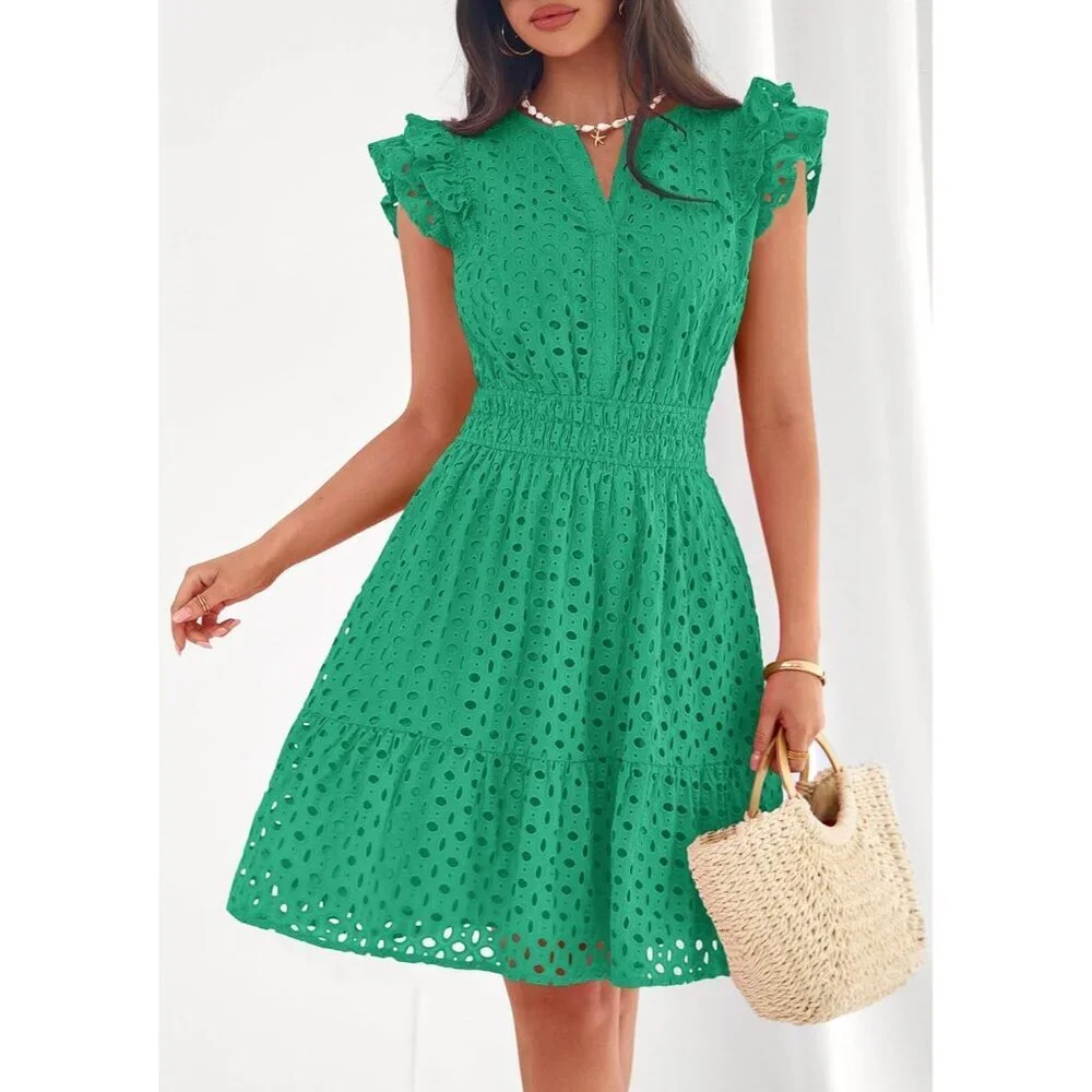 Women's Green V Neck Eyelet Cap Sleeve Summer Beach Vacation Sundresseses